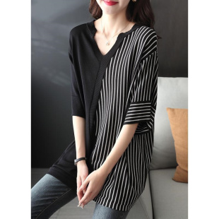 女装 夏美式 冰丝针织衫 300斤加大码 拼接半袖 设计感条纹时髦胖MM2