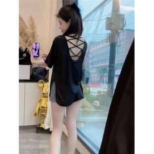 新款 胖MM300斤大码 时髦高级感洋气露背性感薄款 女装 上衣 短袖 夏季