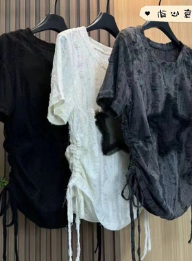 胖妹妹美式时髦高级感个性风ins破洞拼接绑带女装300斤大码T恤夏