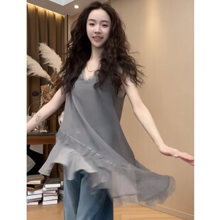 300斤大码 背心套头上衣女装 夏季 气质不规则拼接V领无袖 薄款 胖MM2