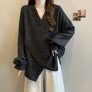 胖MM慵懒风V领卫衣衫中长款不规则下摆宽松套头特大码上衣300斤女