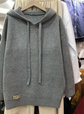 大码纯色连帽女款套头针织毛衣衫