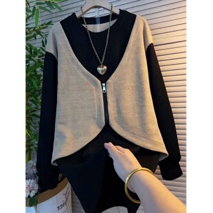 上衣 假两件圆领卫衣300斤大码 秋冬新款 胖MM设计感显瘦遮肚子长袖