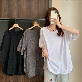 简约风U领短袖T恤女宽松显瘦中长款遮肚打底纯色上衣300斤超大码