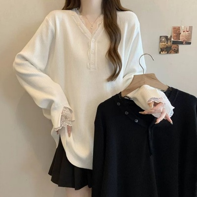 大码胖MM蕾丝花边半开领T恤