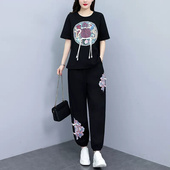 大码 套装 运动拼接刺绣两件套女 上衣束脚长裤 胖MM300斤中国风短袖