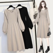 灯笼袖 300斤特大码 法式 针织裙胖MM秋冬叠穿气质纯色连衣裙ins潮女