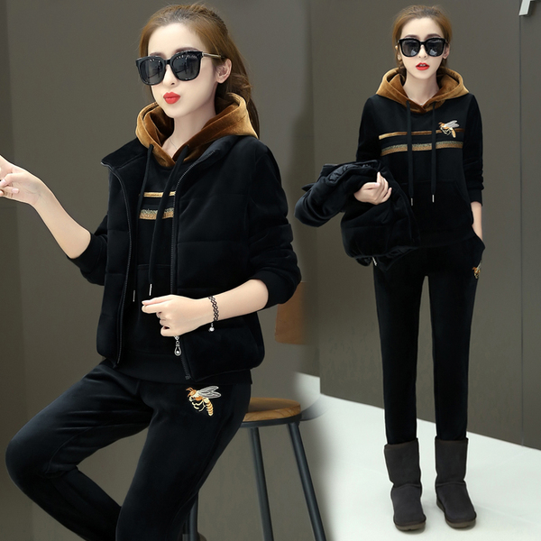 金丝绒运动套装女秋冬17新款加厚加绒连帽卫衣三件套休闲套装潮 运动装 千仁服饰