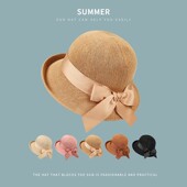 可折叠蝴蝶结渔夫帽子女户外出游遮阳草帽春夏防晒太阳帽沙滩凉帽