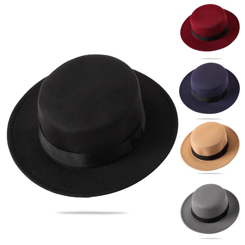英伦复古毛呢爵士礼帽女春秋冬季宽檐显脸小平顶遮阳防风毡帽子男