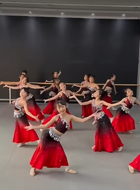 新款儿童傣族舞演出服元旦傣族舞表演服女红色弹力孔雀舞表演服装