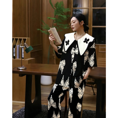 睡衣女夏季纯棉布料100全棉短袖长裤家居服2025新款娃娃领可外穿