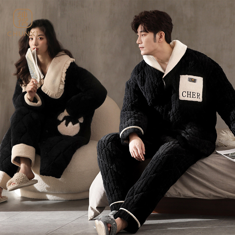 加绒加厚夹棉情侣珊瑚绒睡衣女冬