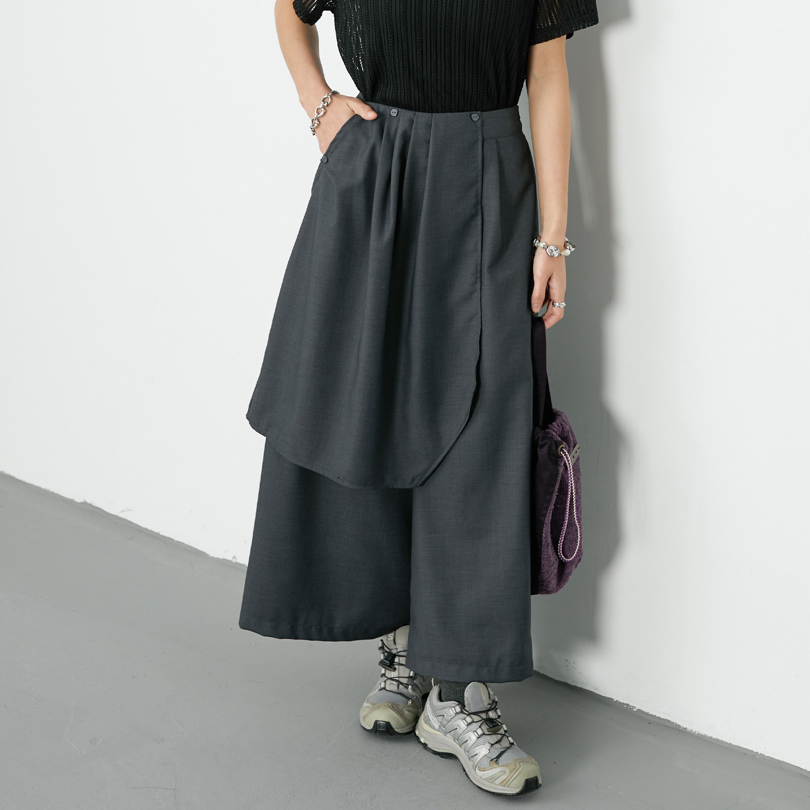 inkday日系轻复古不规则拼接西装裙裤女 假两件设计感通勤休闲裤