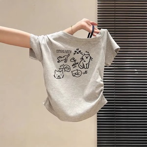 浅灰斜肩修身显瘦短袖T恤女