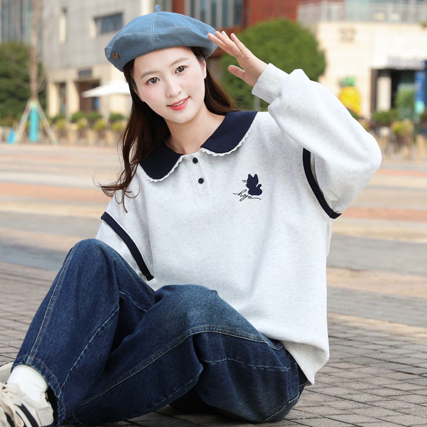 初中生卫衣女宽松大童春秋2025新款高中学生上衣娃娃领少女风套头