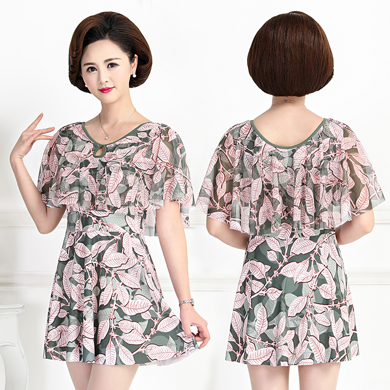 大码妈妈款泳衣遮肉显瘦中老年人泡温泉女士老人游泳装女保守分体