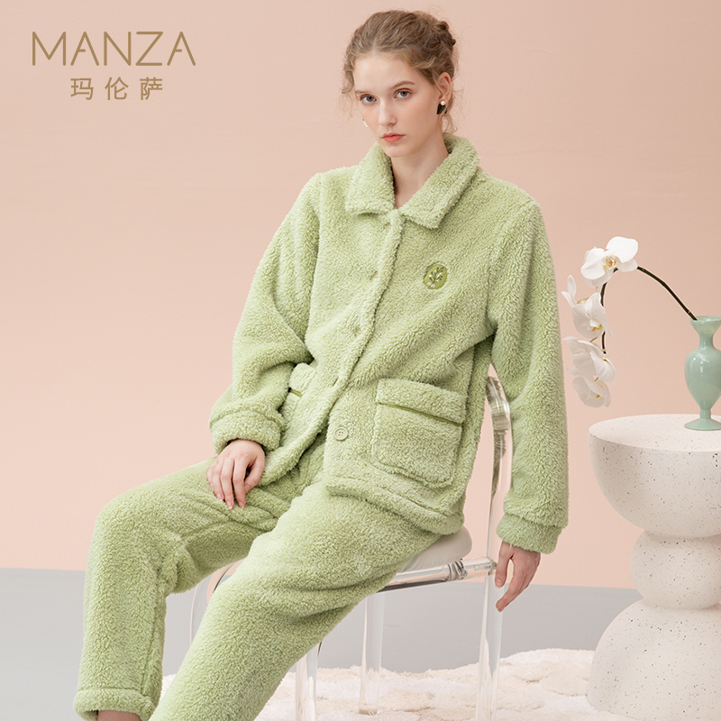 玛伦萨【双面绒】保暖睡衣女秋冬新款刺绣图案加绒加厚家居服套装