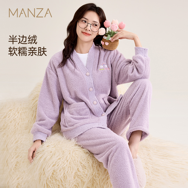 半边绒睡衣女秋冬新款家居服加厚