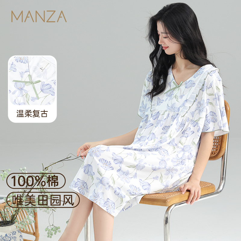 夏季薄款100%纯棉舒适中长款睡裙