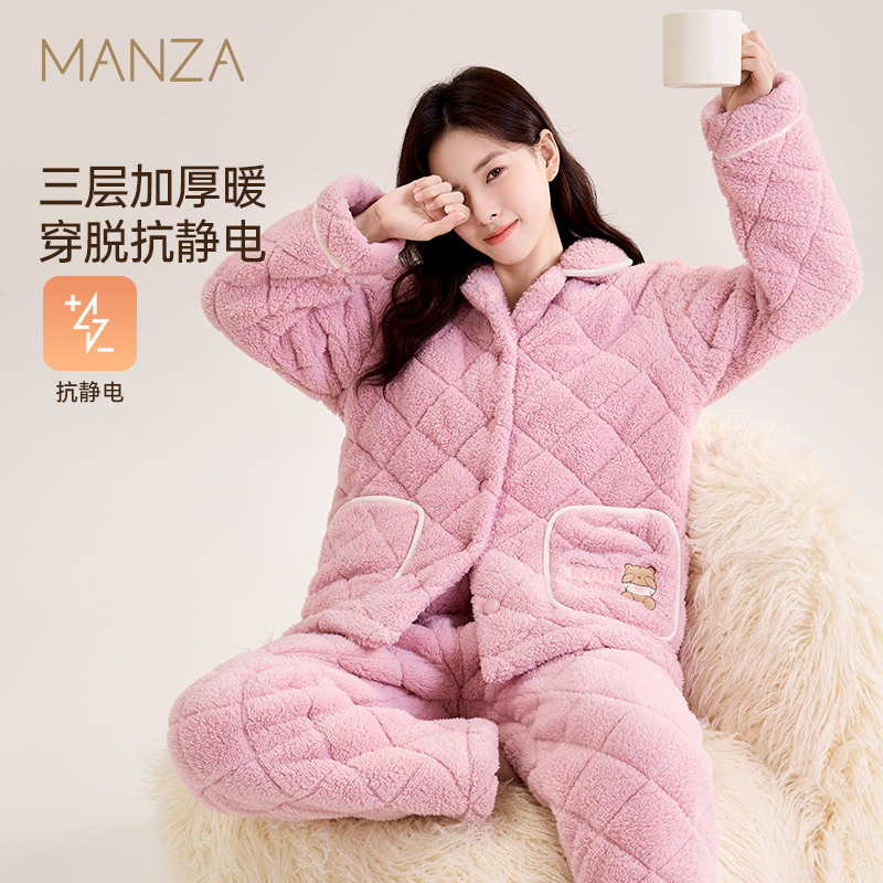夹棉睡衣女秋冬季棉袄三层加绒