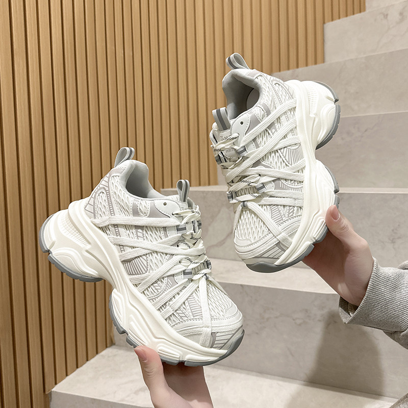 8cm内增高绑带厚底老爹鞋女2026春季新款网面透气轻便休闲运动鞋