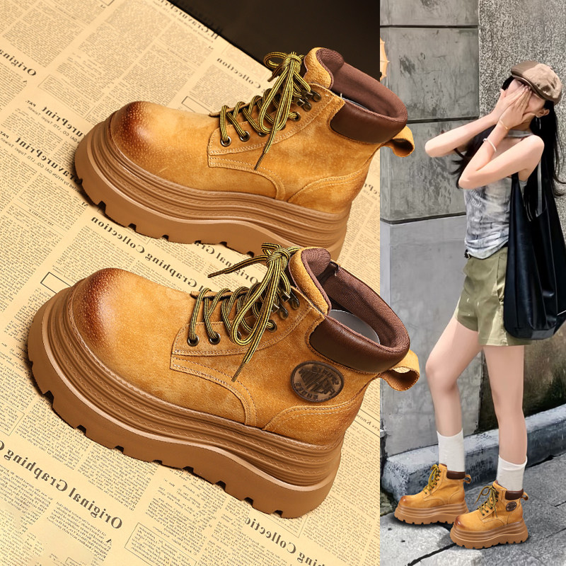 内增高马丁靴女款2025秋冬季英伦风洋气加绒小短靴厚底增高大黄靴