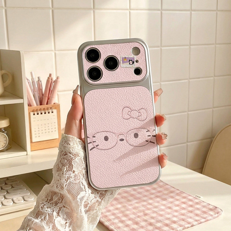 粉色kt眼镜适用iPhone17不会撞壳可爱手机壳苹果17promax仿皮苹果air皮纹壳ip16保护套15男女14高级感13卡通