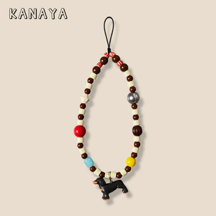 ins棕黄珠吊坠腊肠狗手机配饰手机链适用所有手机壳防摔手腕绳带手提手拎挂绳配件挂饰防丢ccd绳腕带女可爱