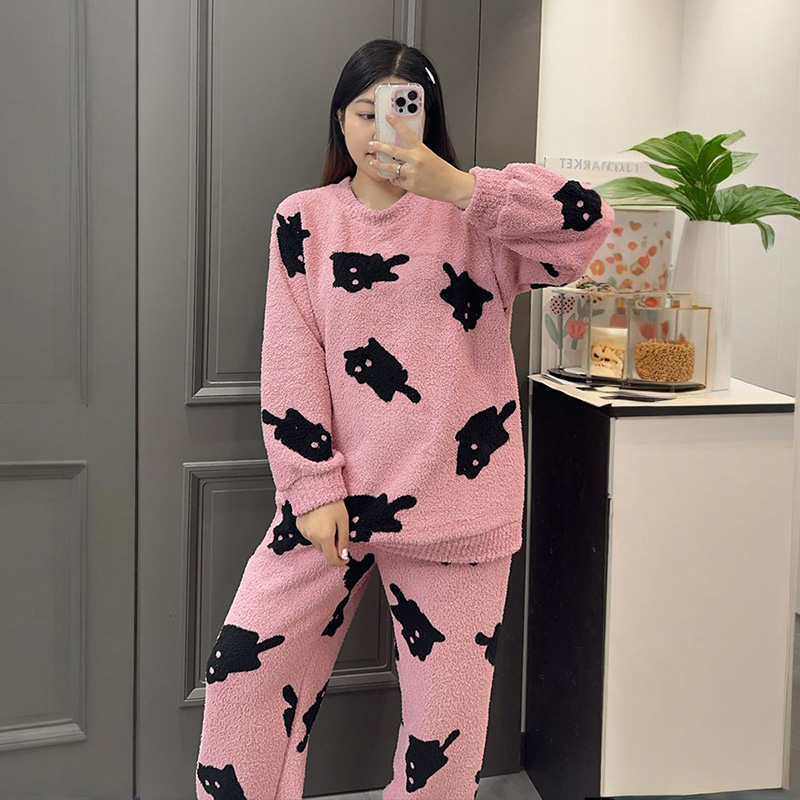 秋冬毛绒女大码保暖厚睡衣萌系粉嫩猫咪软绵绵半边绒宽松家居服