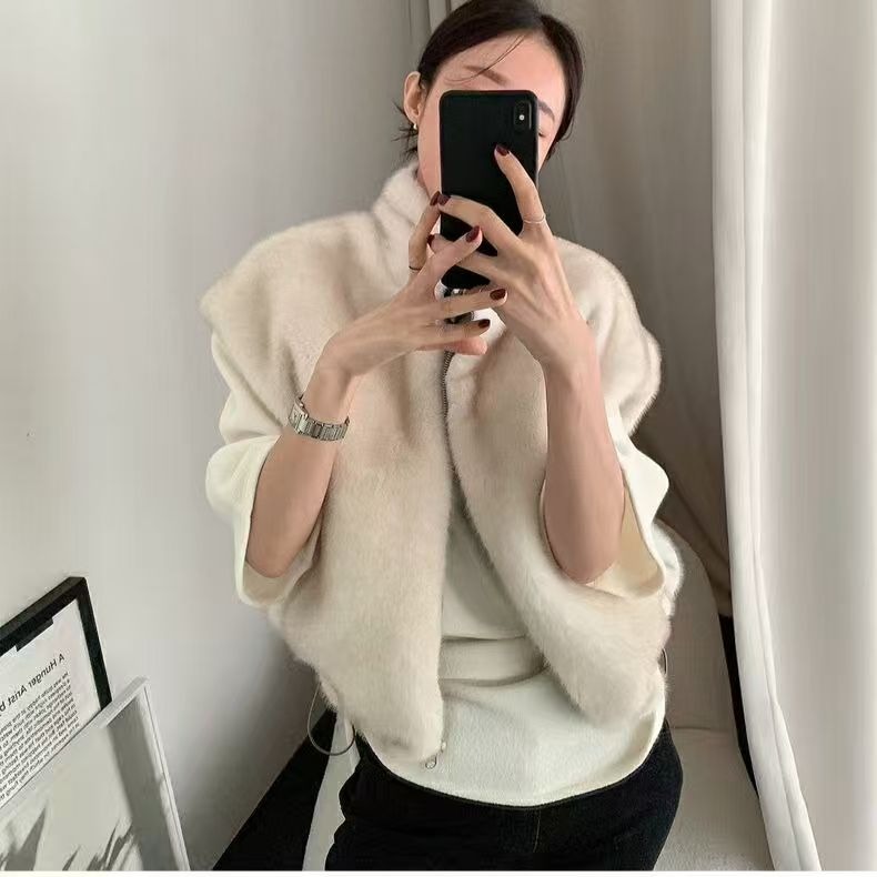 韩国东大门复古洋气高领宽松百搭水貂绒毛皮草两穿无袖马甲外套女