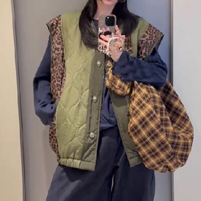 韩国东大门 复古撞色豹纹拼接棉服马甲女 百搭休闲宽松马夹外套潮