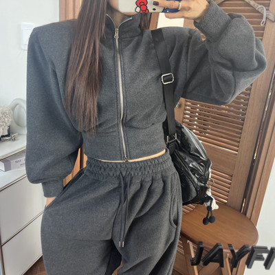 韩国 新款时尚立领拉链长袖上衣+高腰系带百搭休闲裤颗粒绒套装女