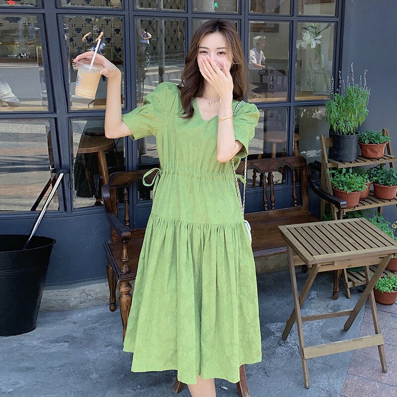 绿色v领连衣裙女夏装小个子2025新款宽松遮肚子收腰显瘦a字娃娃裙,女装连衣裙,浙宝131