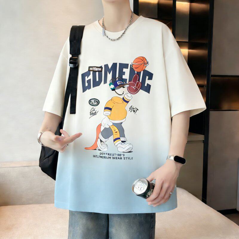 夏新男士痞帅潮流短袖青少年圆领宽松T恤大童卡通动漫半截袖上衣