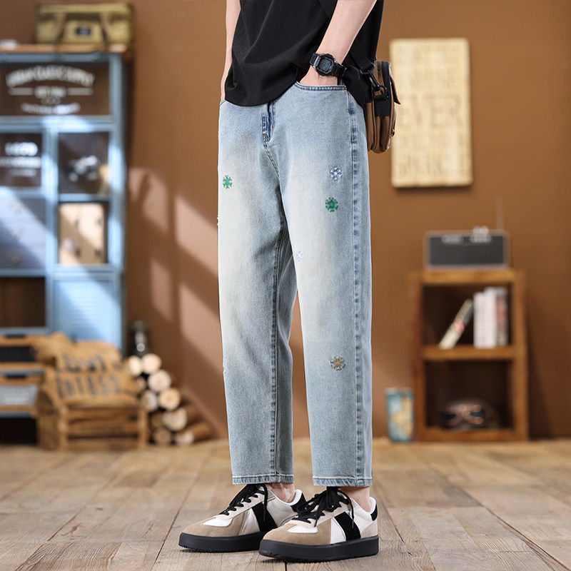 春季男士时尚水洗磨白牛仔裤青少年重工潮流刺绣直筒九分牛仔裤,男装,牛仔裤,淘宝优惠券,粉丝福利购,淘宝优惠卷