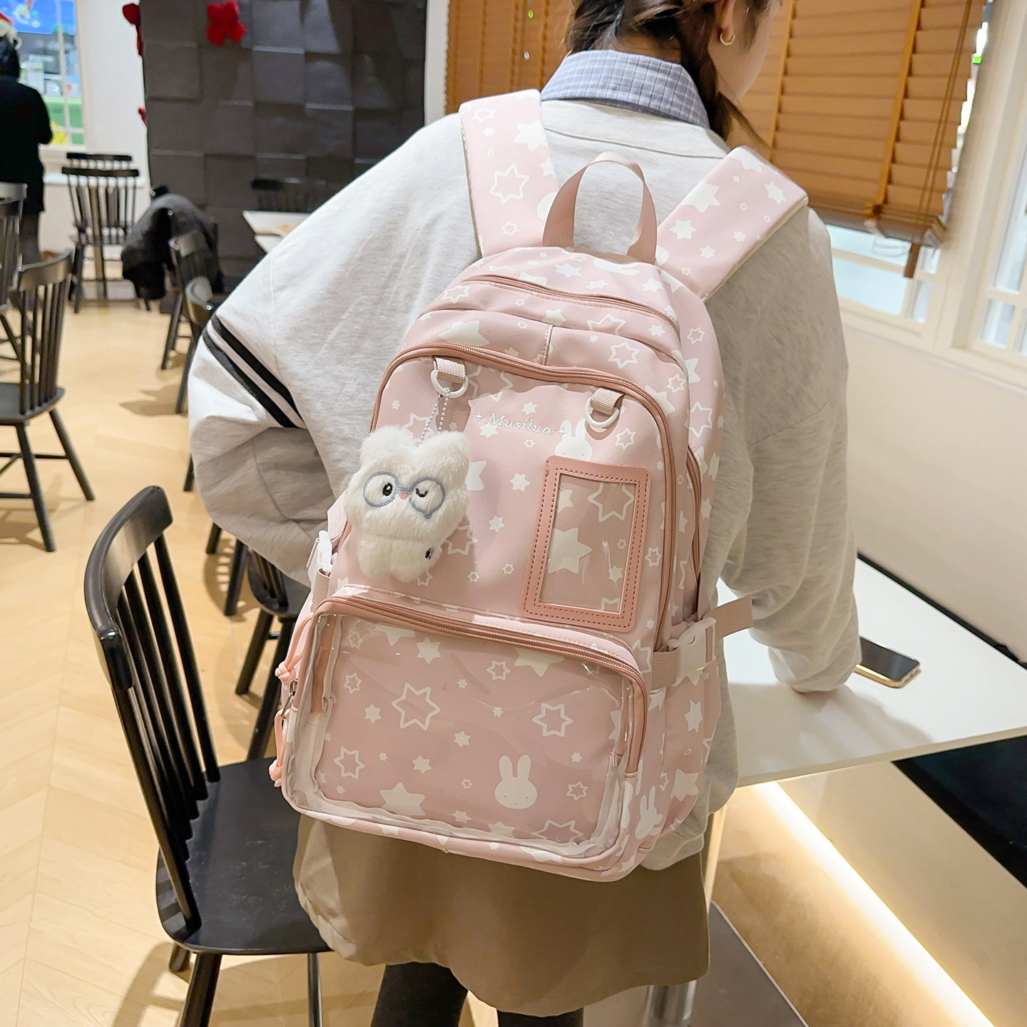 高颜值清新甜美双肩包日系星星吧唧痛包初高中生大容量双肩书包