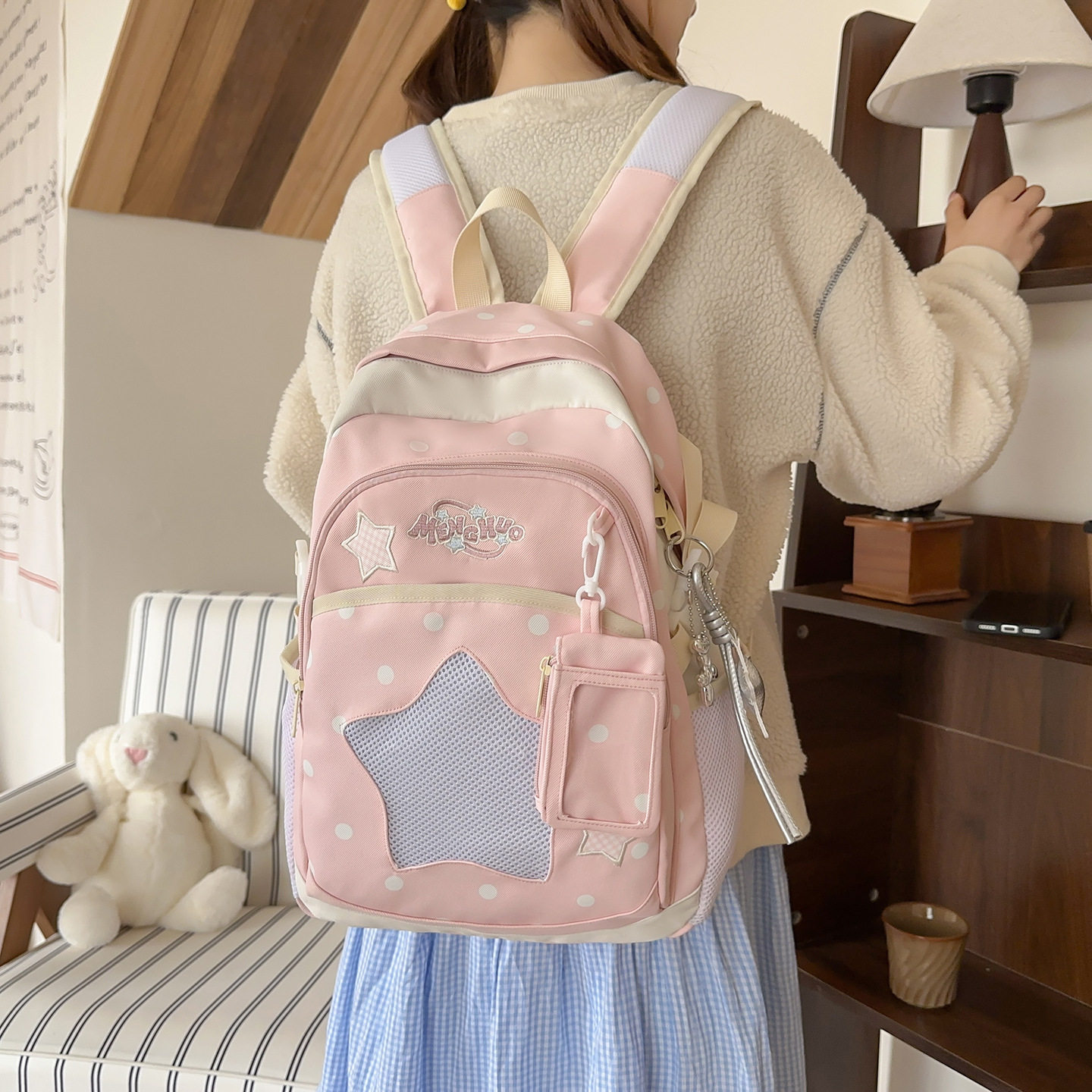 日系新款高颜值学生书包女清新甜美撞色初高中生大容量双肩背包