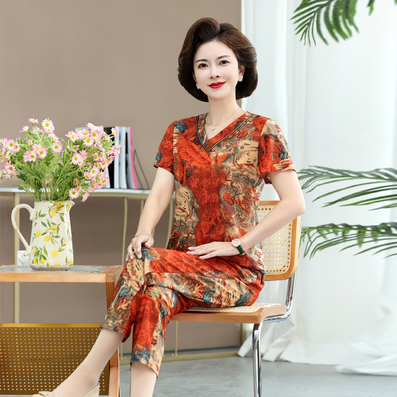 时尚妈妈夏装套装休闲绵绸上衣2023新款洋气显瘦遮肉大码两件套女