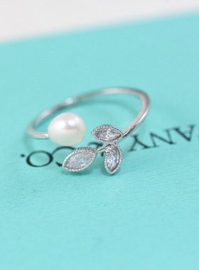 饰品韩版珍珠锆石树叶开口戒指