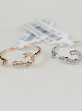 问号镶锆石开口镀金时尚风戒指