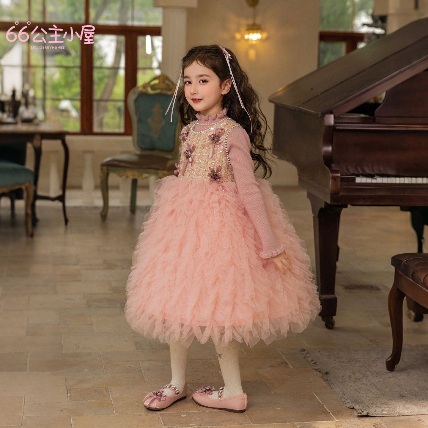 66公主童装女童秋冬裙子2025新款女孩生日裙甜美洋气公主裙网纱裙