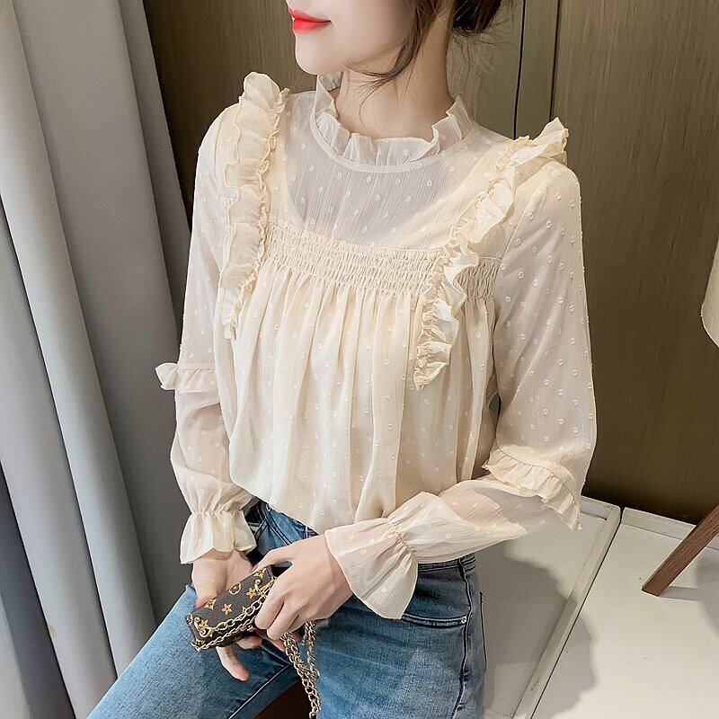 法式网纱荷叶边衬衫女2026春秋新款设计感雪纺衫长袖上衣打底衫潮