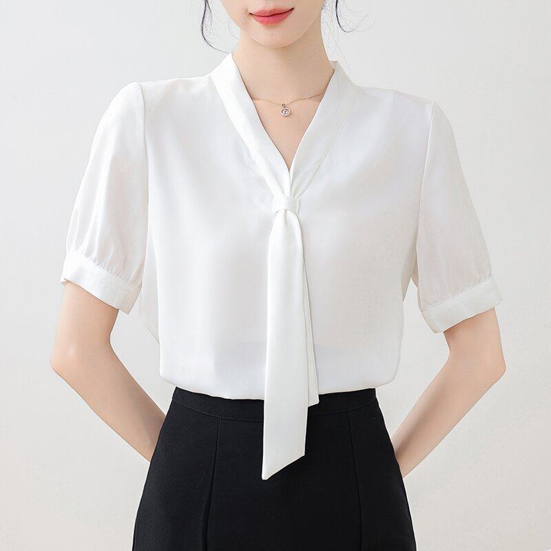 职业衬衫女夏季短袖法式飘带雪纺衫气质上班工作服别致设计感上衣