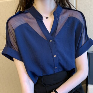 雪纺衬衫短袖女装新款2026年夏季很仙的上衣V领宽松超仙洋气小衫