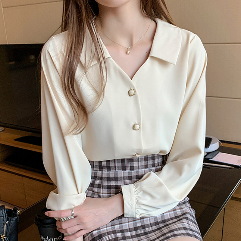 衬衫女设计感小众长袖春季新款法式V领职场女士衬衣气质雪纺上衣_虎窝淘