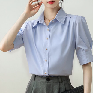 職業通勤短袖 2024年夏季 小個子上衣 女面試正裝 藍色襯衫 法式 泡泡袖