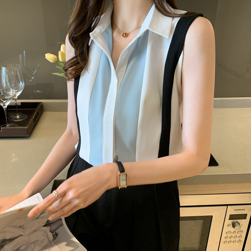 2025夏季新款时尚撞色露肩背心女装外穿衬衫无袖雪纺打底条纹上衣