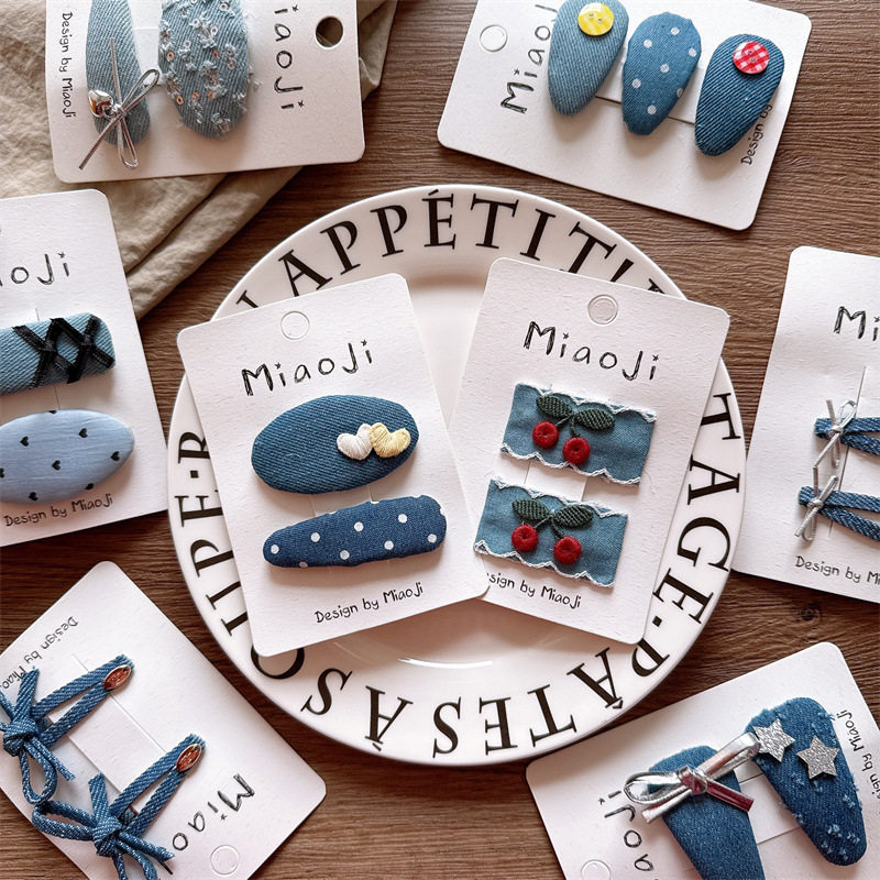 新款韩系儿童春夏牛仔樱桃发夹