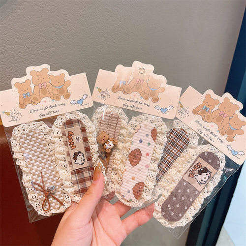 韩系儿童秋冬短款蕾丝魔术贴女童卡通碎发整理发饰奶咖色系刘海贴